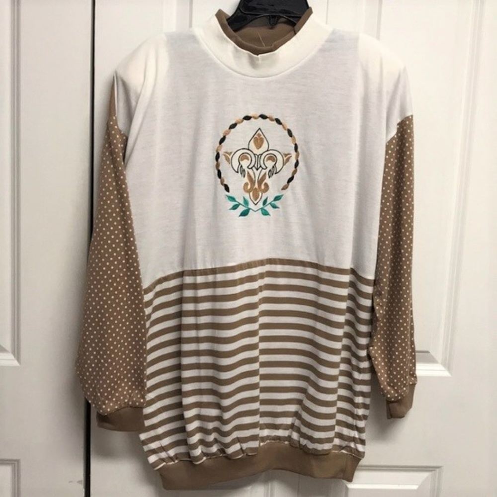 Cusp Brown White Polka Dot Stripe Print Long Sleeve Cotton Shirt Plus 0X NWT